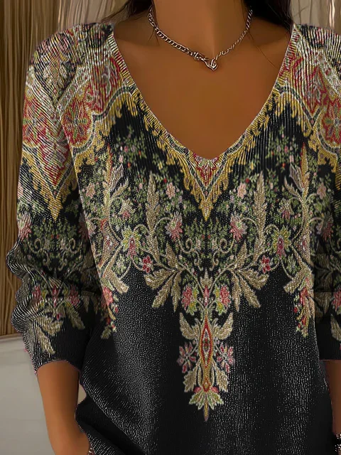 Women Floral Long Sleeve Tee T-shirt V Neck Printing Casual Spring/Fall Top