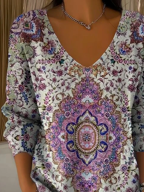 Women Ethnic Long Sleeve Tee T-shirt V Neck Printing Casual Spring/Fall Top