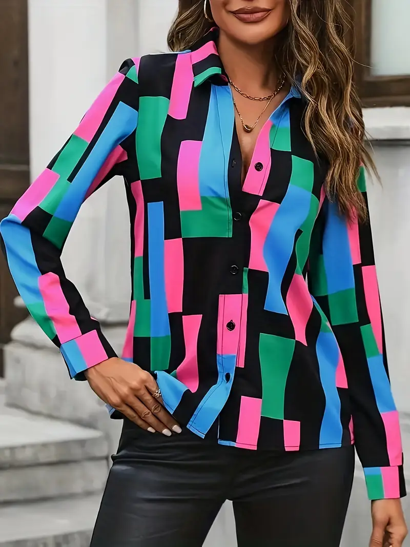 Women Abstract Long Sleeve Shirt Spring/Fall Buckle Shirt Collar Regular Sleeve Daily Casual Top