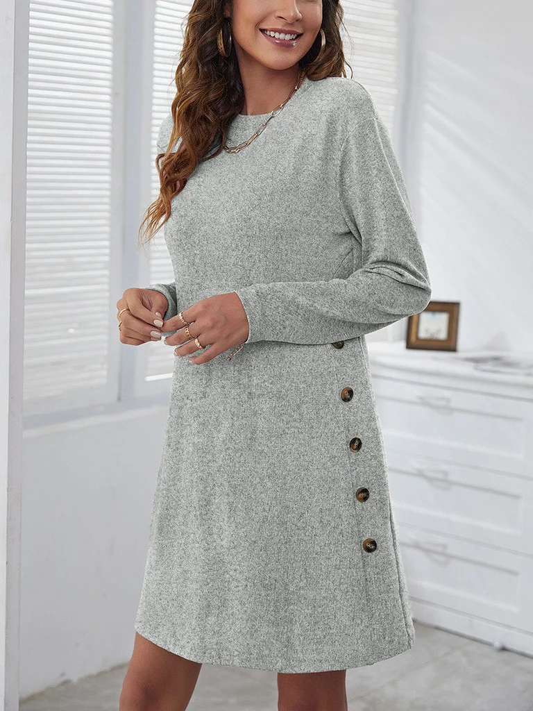 Women Plain Long Sleeve Spring/Fall Split Joint Dress Crew Neck Daily Vintage Midi Shift Dress A-Line Dress