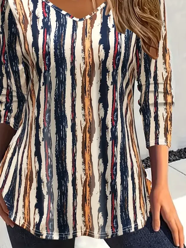 Women Striped Long Sleeve Tee T-shirt V Neck Printing Casual Spring/Fall Graphic Tee Top