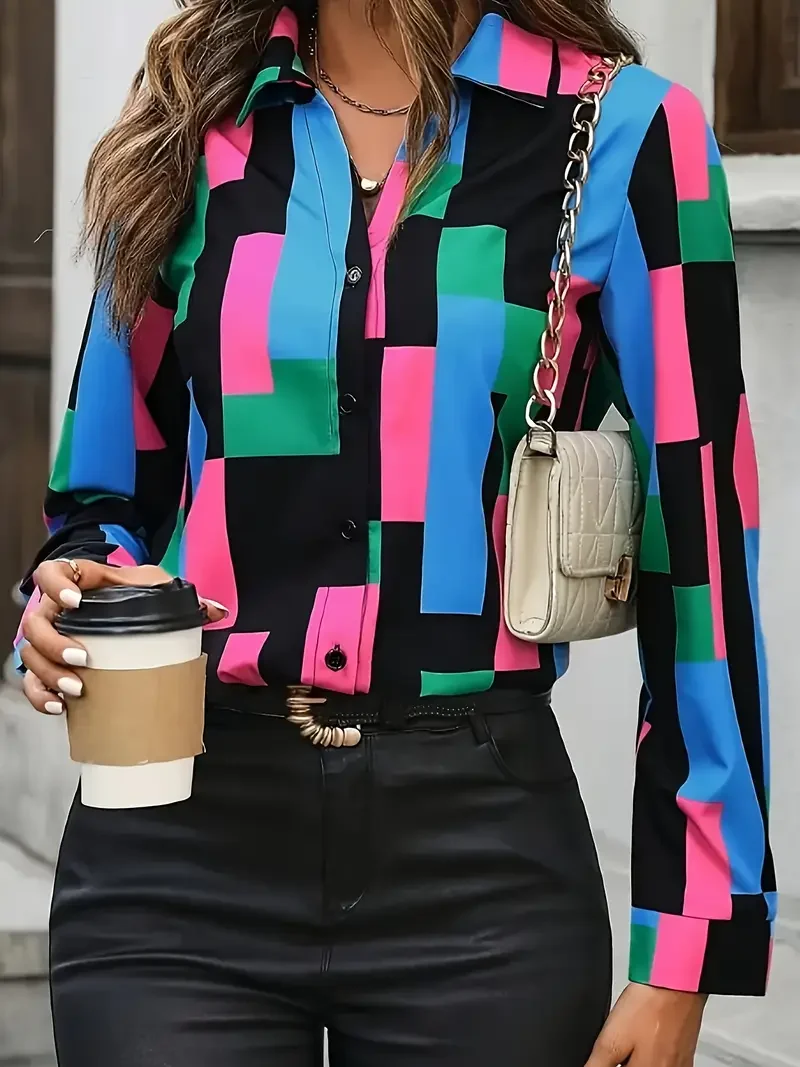 Women Abstract Long Sleeve Shirt Spring/Fall Buckle Shirt Collar Regular Sleeve Daily Casual Top