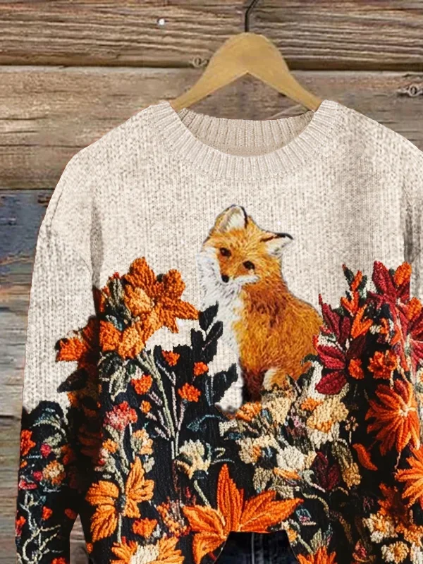 Women Floral Printing Spring/Fall Casual Long Sleeve Crew Neck Knitted Sweater