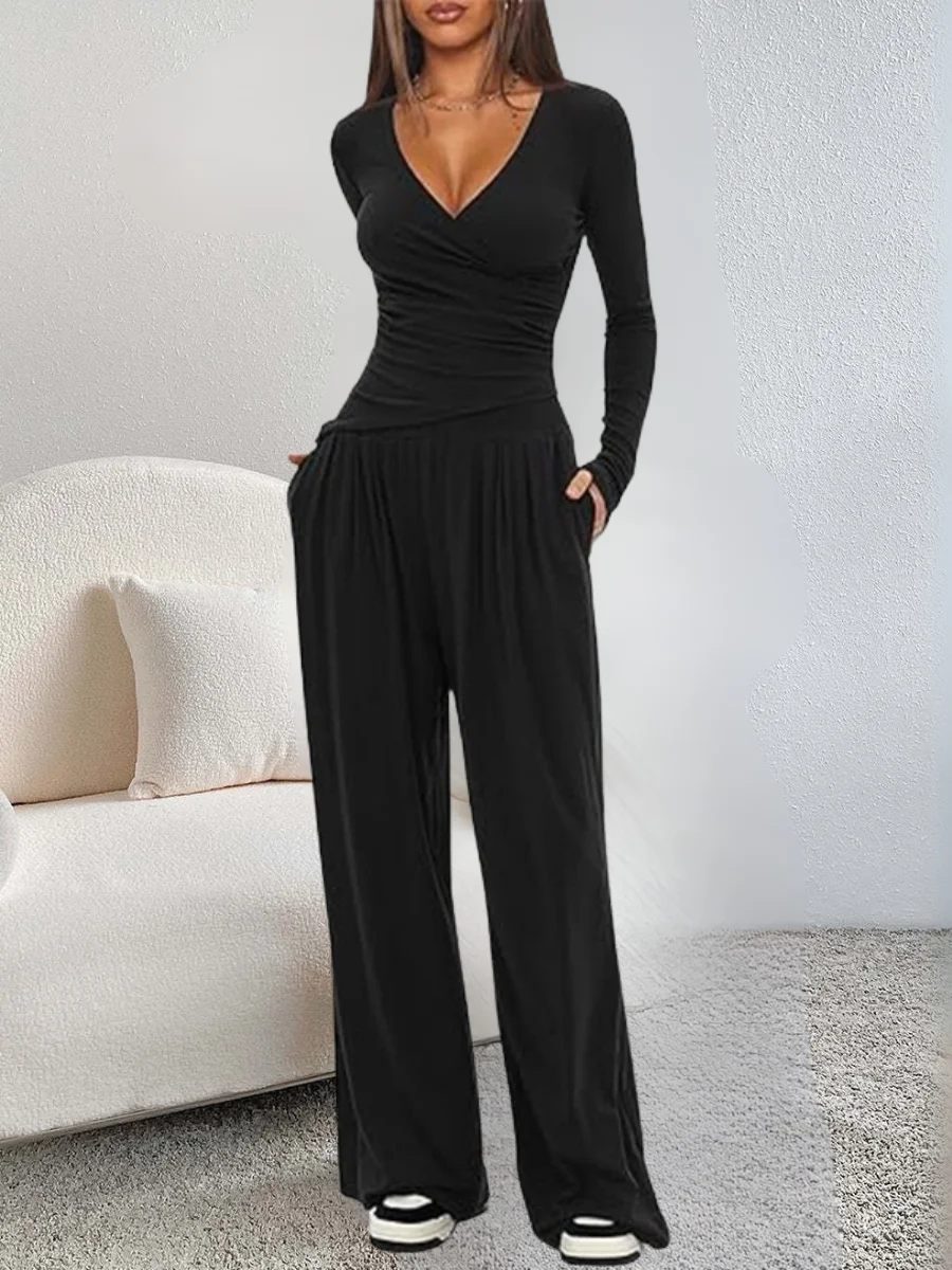 Women Plain Split Joint Two-Piece Set Daily Long Sleeve Casual Spring/Fall Top With Pants Matching Set