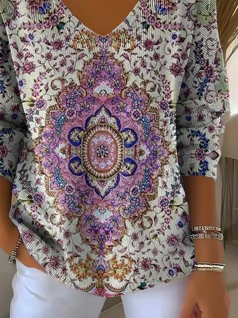 Women Ethnic Long Sleeve Tee T-shirt V Neck Printing Casual Spring/Fall Top