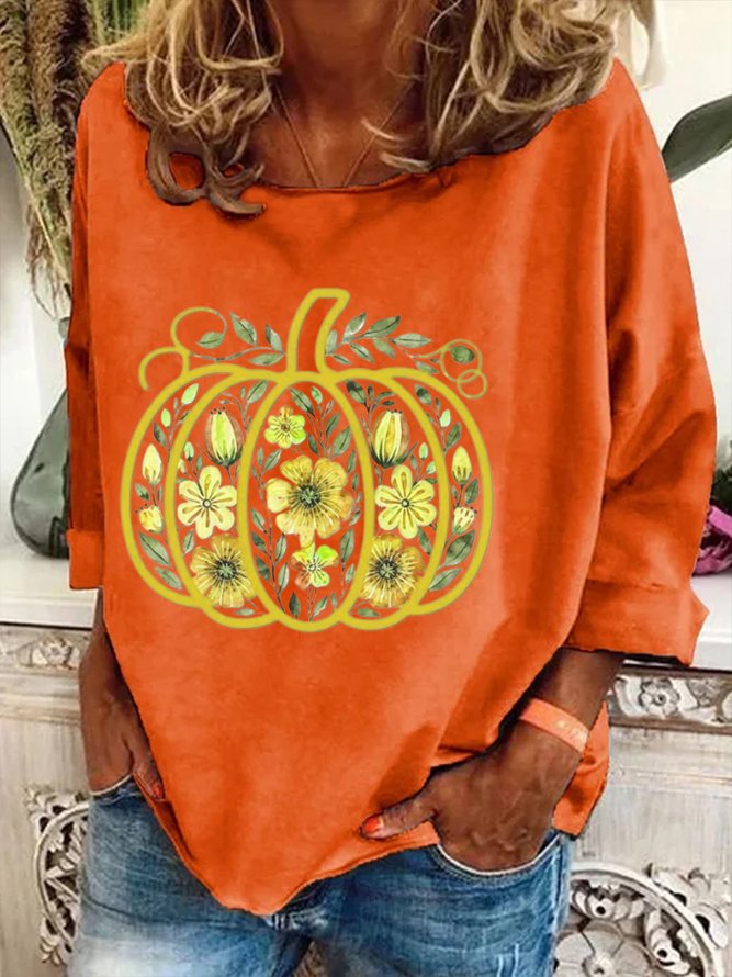 Women Halloween Pumpkin Floral Print Long Sleeve Tee T-shirt Crew Neck Festival Spring/Fall Graphic Tee Top