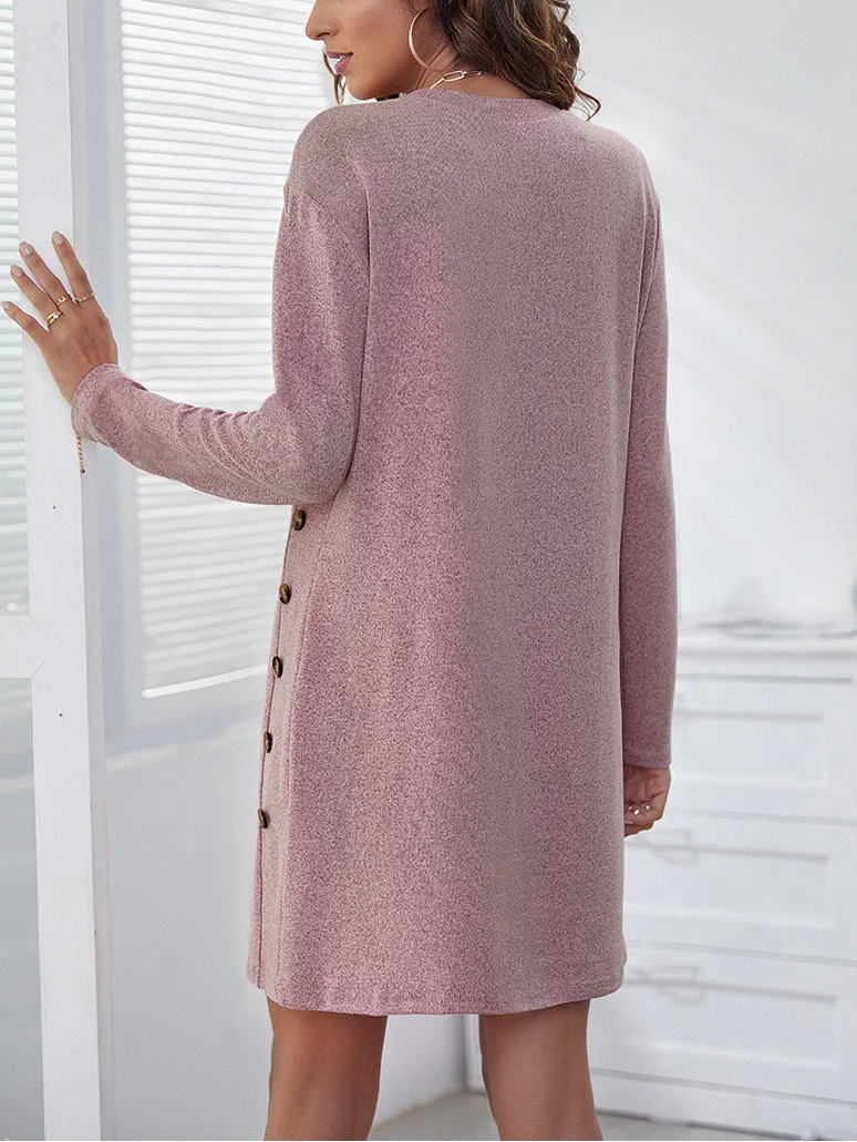 Women Plain Long Sleeve Spring/Fall Split Joint Dress Crew Neck Daily Vintage Midi Shift Dress A-Line Dress