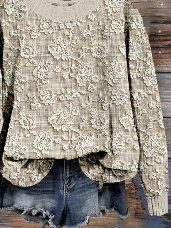 Women Floral Printing Spring/Fall Casual Long Sleeve Crew Neck Knitted Sweater