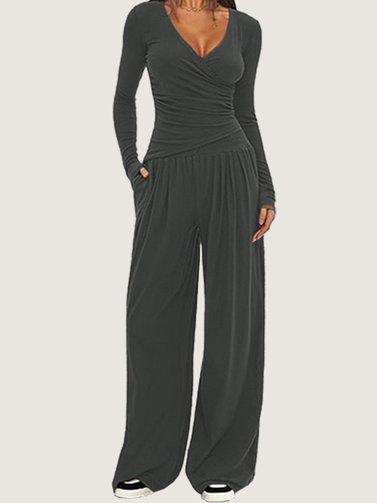 Women Plain Split Joint Two-Piece Set Daily Long Sleeve Casual Spring/Fall Top With Pants Matching Set