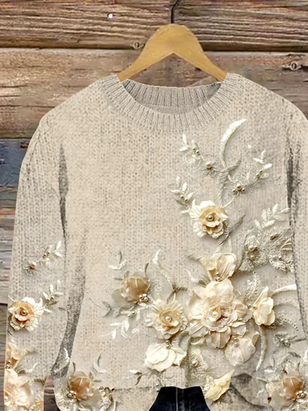 Women Floral Printing Spring/Fall Casual Long Sleeve Crew Neck Knitted Sweater