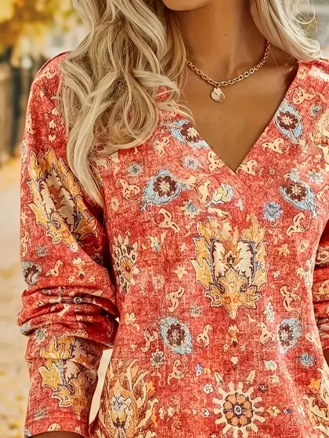 Women Ethnic Long Sleeve Tee T-shirt V Neck Printing Casual Spring/Fall Graphic Tee Top
