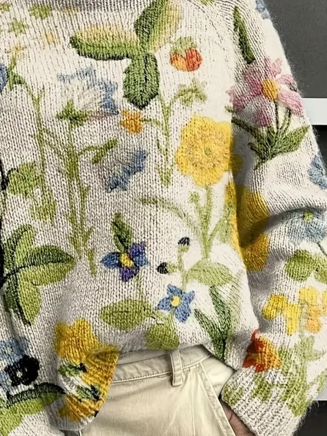 Women Floral Printing Spring/Fall Vintage Long Sleeve Turtleneck Sweater