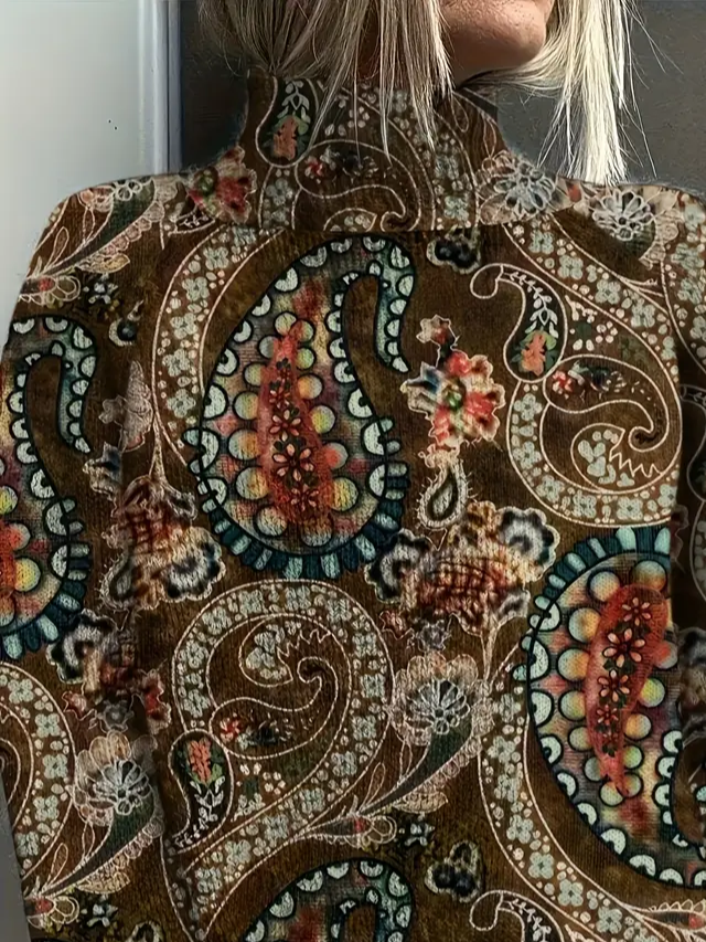 Women Floral Printing Spring/Fall Vintage Long Sleeve Turtleneck Sweater