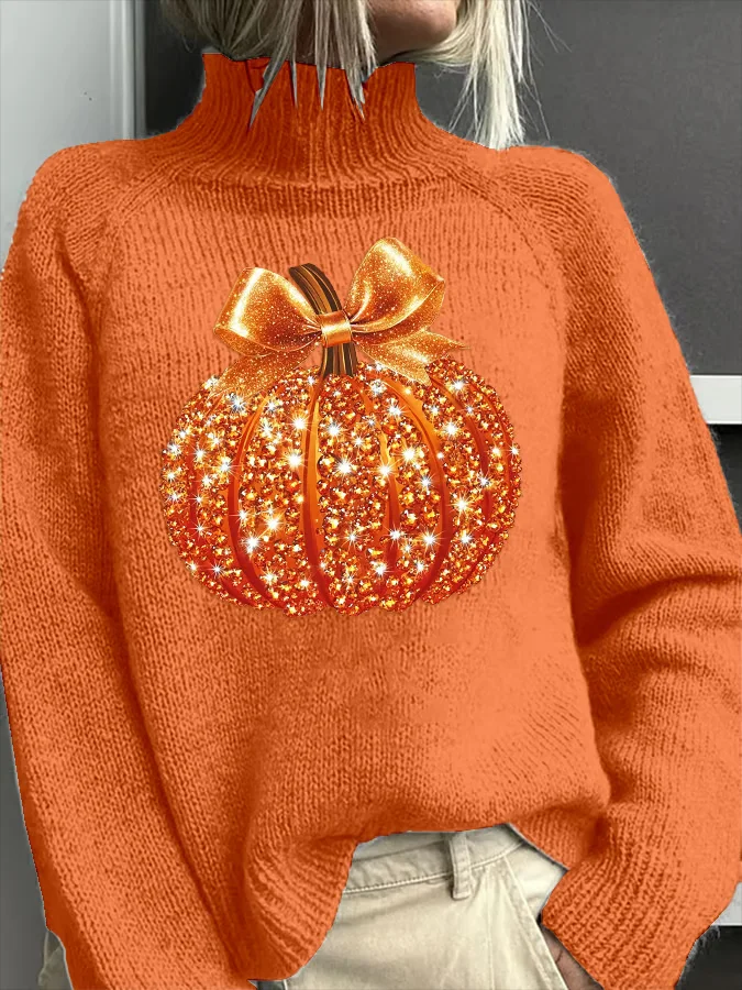 Women Halloween (pumpkin) Printing Spring/Fall Vintage Long Sleeve Turtleneck Sweater