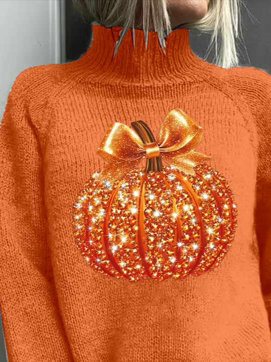 Women Halloween (pumpkin) Printing Spring/Fall Vintage Long Sleeve Turtleneck Sweater
