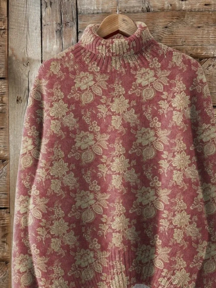 Women Floral Printing Spring/Fall Vintage Long Sleeve Turtleneck Sweater
