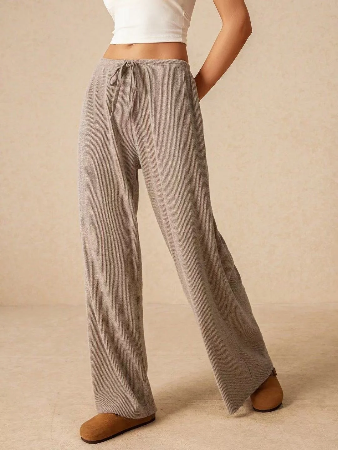 Women Plain Long Elastic Waist Pants Casual Spring/Fall Trousers