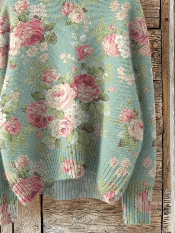 Women Floral Printing Spring/Fall Vintage Long Sleeve Turtleneck Sweater
