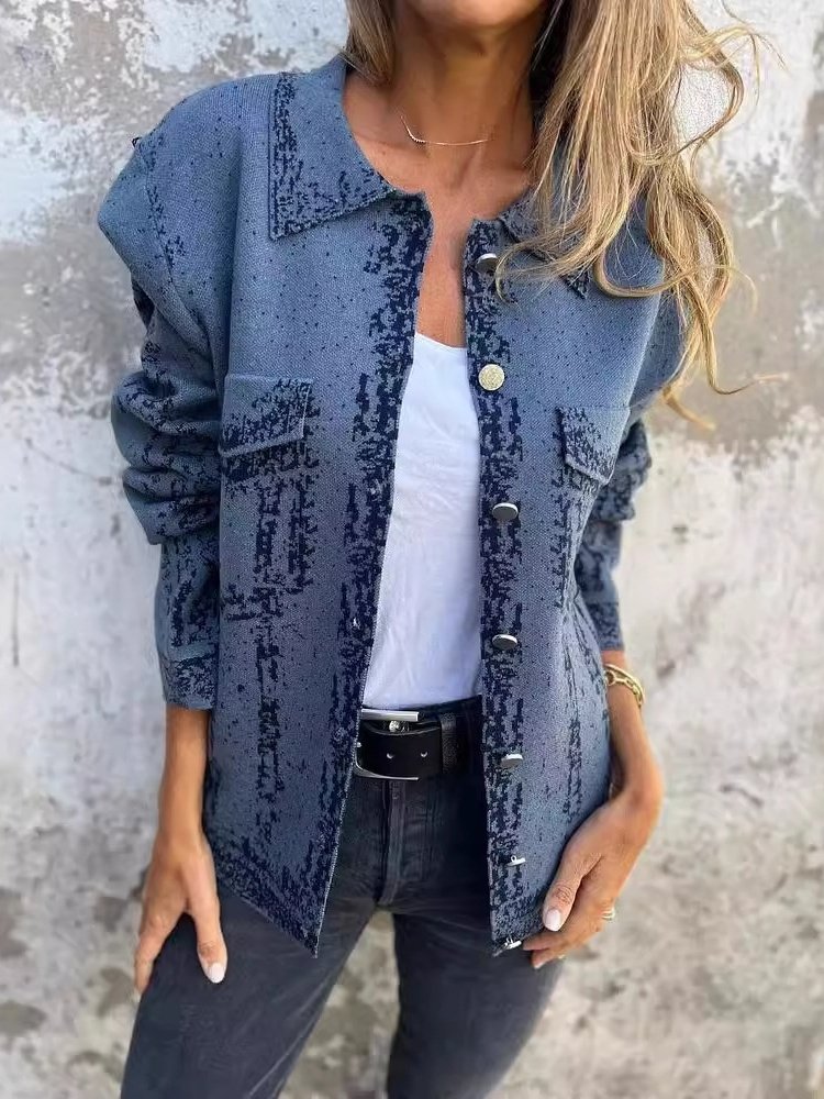 Women Spring/Fall Outerwear Vintage Printing Abstract Long Sleeve Shawl Collar Jacket