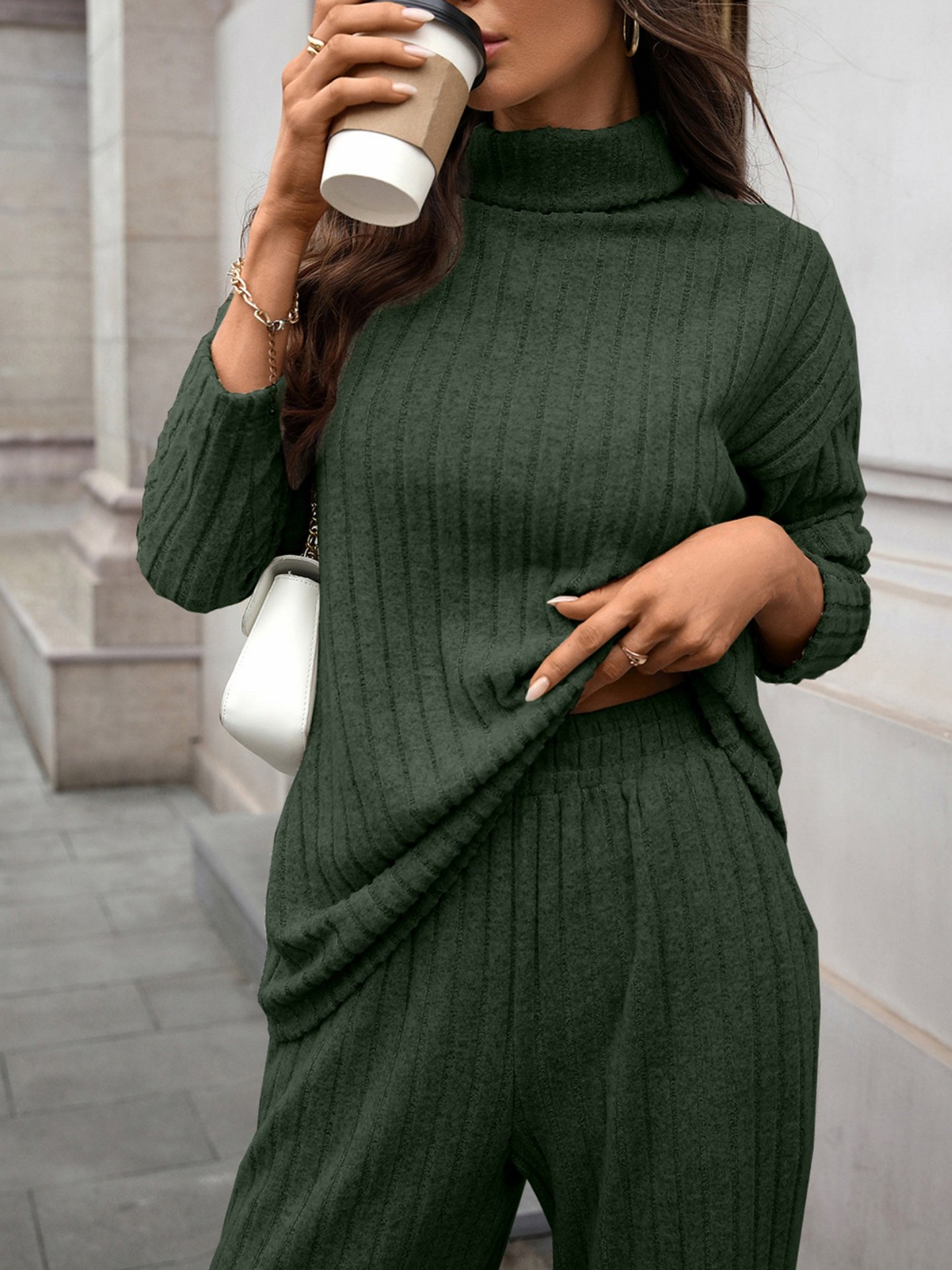 Women Plain Split Joint Two-Piece Set Daily Long Sleeve Casual Spring/Fall Top With Pants Matching Set