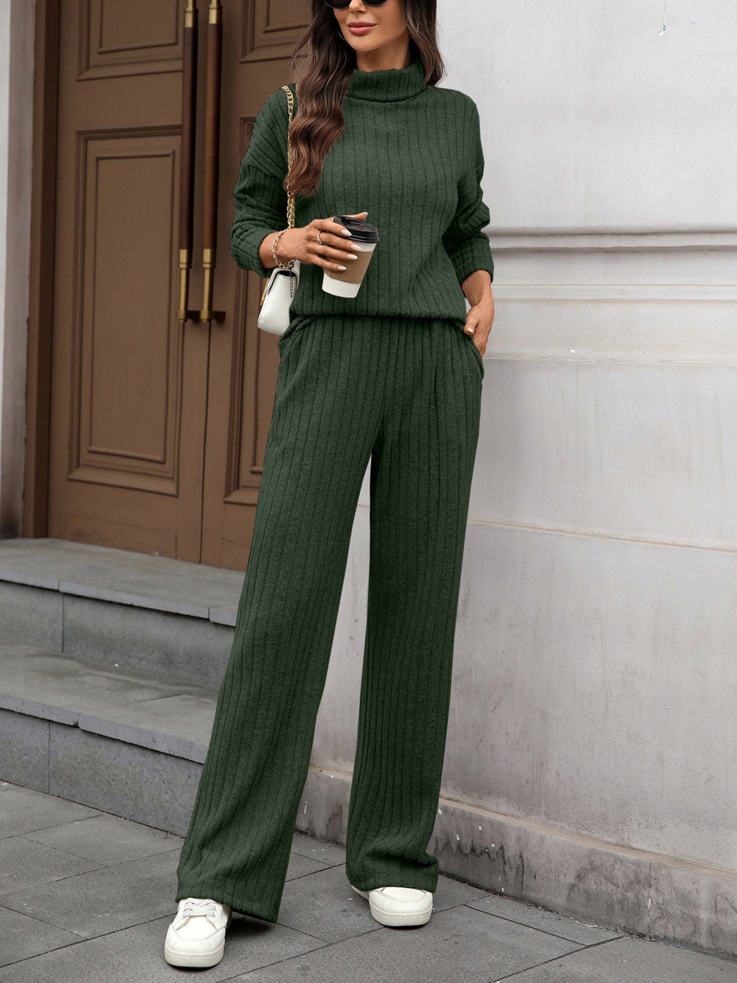 Women Plain Split Joint Two-Piece Set Daily Long Sleeve Casual Spring/Fall Top With Pants Matching Set