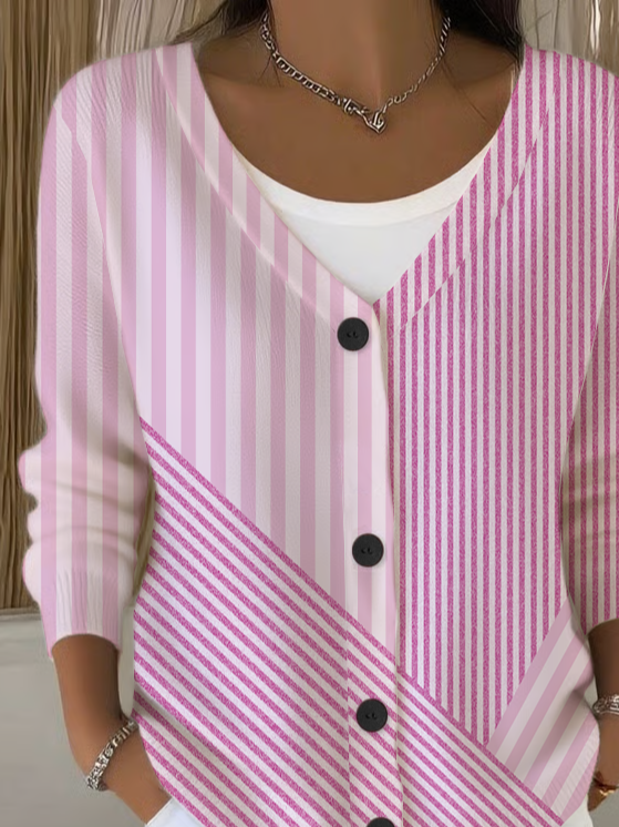Women Striped Long Sleeve V Neck Casual Spring/Fall Cardigan Outerwear
