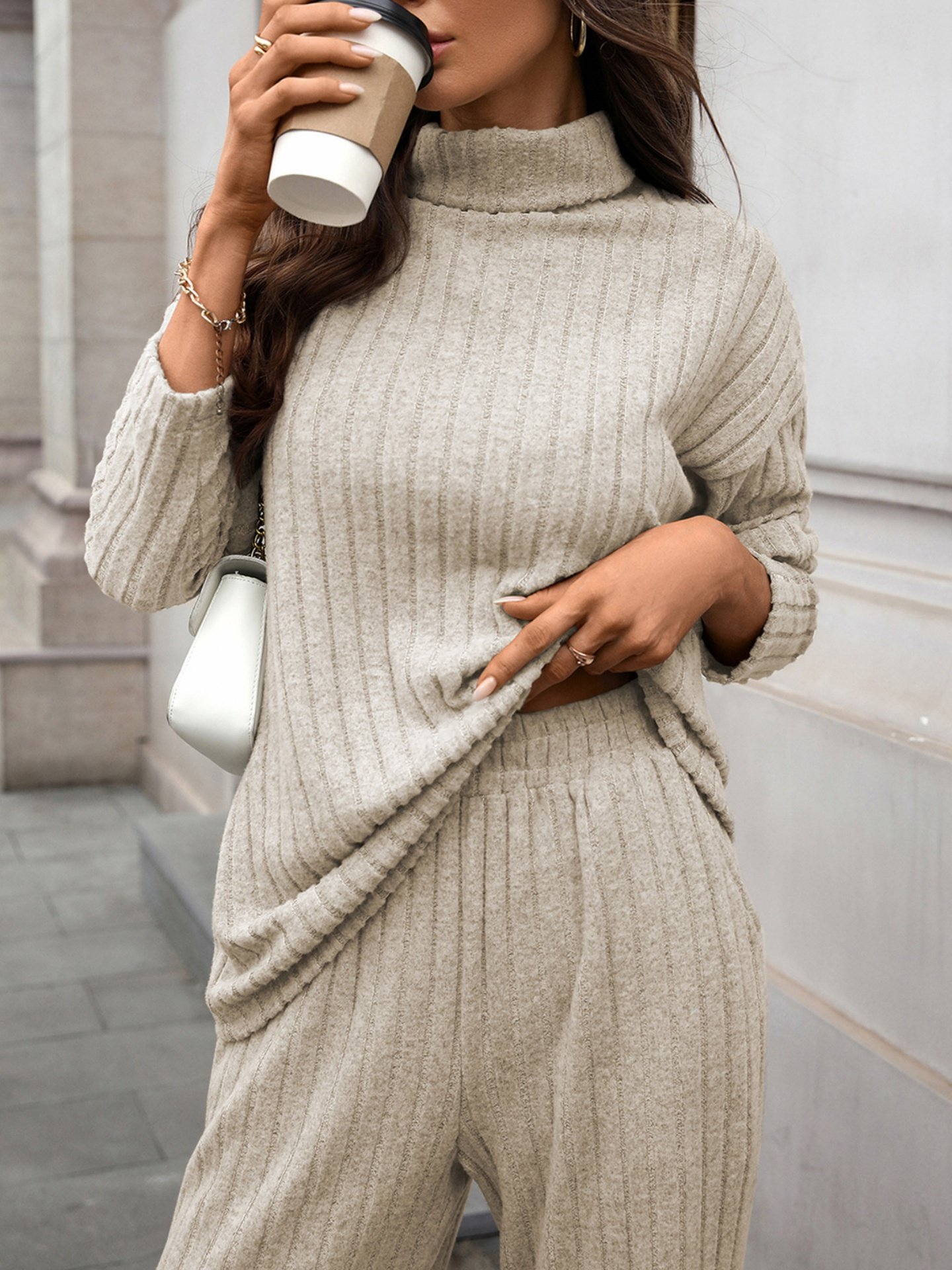 Women Plain Split Joint Two-Piece Set Daily Long Sleeve Casual Spring/Fall Top With Pants Matching Set
