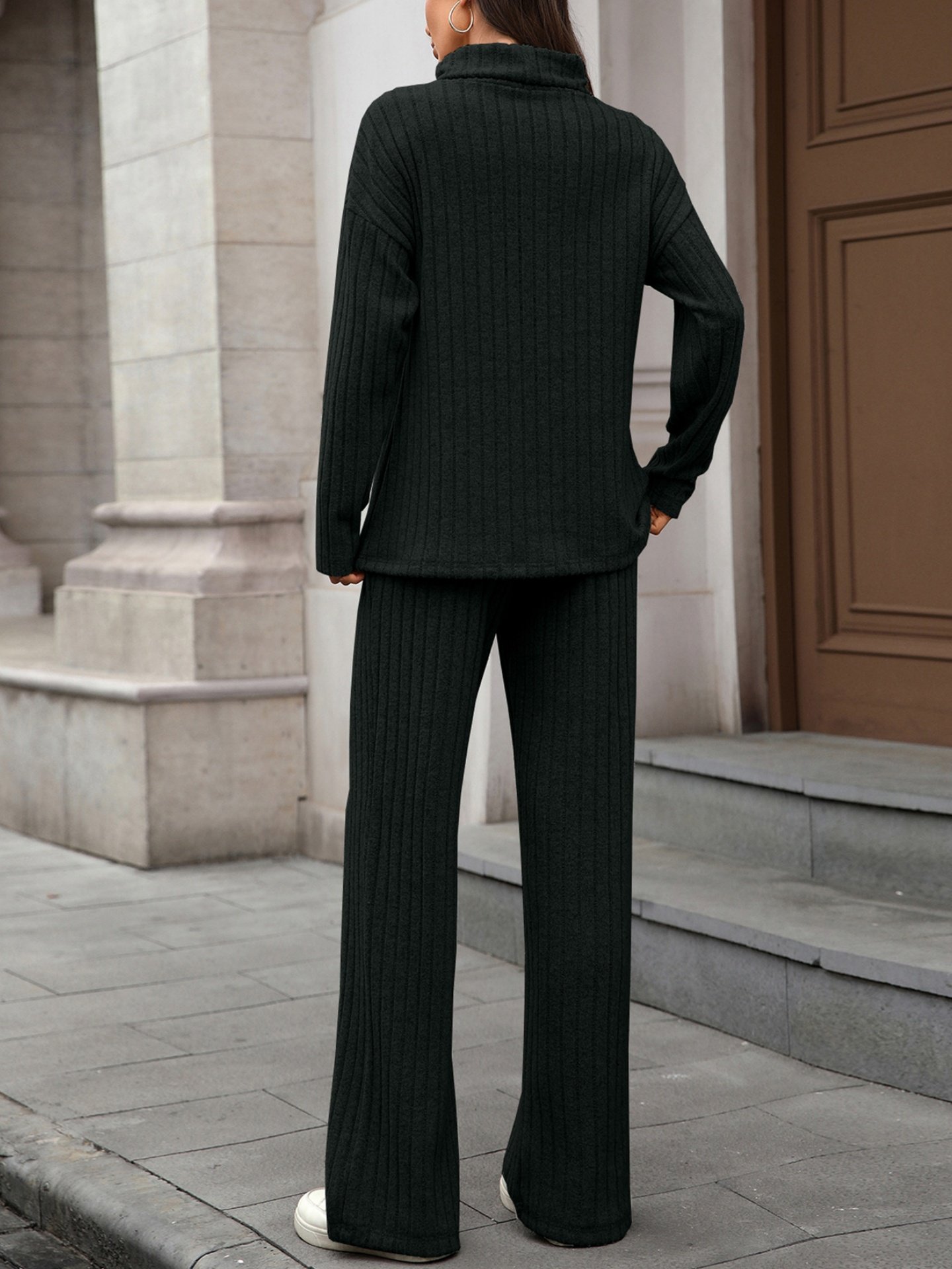 Women Plain Split Joint Two-Piece Set Daily Long Sleeve Casual Spring/Fall Top With Pants Matching Set