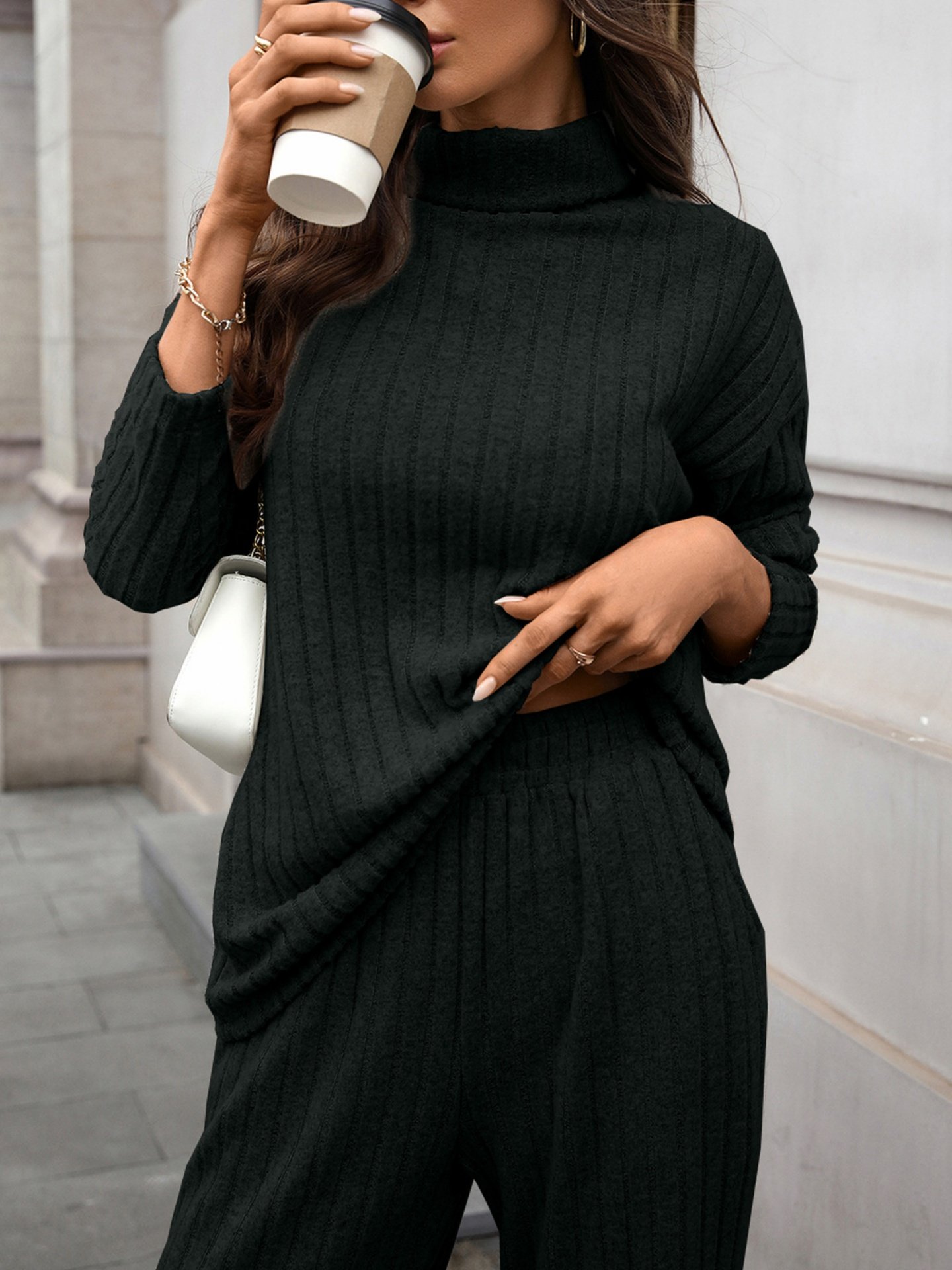 Women Plain Split Joint Two-Piece Set Daily Long Sleeve Casual Spring/Fall Top With Pants Matching Set