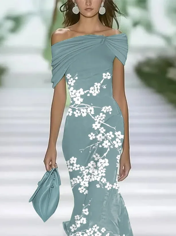 Women Floral Cap Sleeve Summer Printing Dress Cold Shoulder Daily Vintage Maxi H-Line Dress