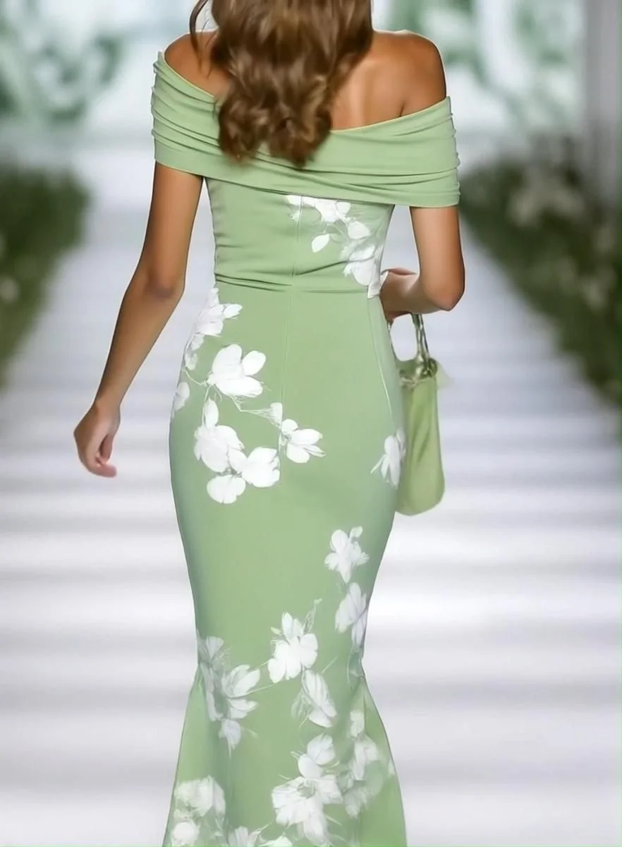 Women Floral Cap Sleeve Summer Printing Dress Cold Shoulder Daily Vintage Maxi H-Line Dress