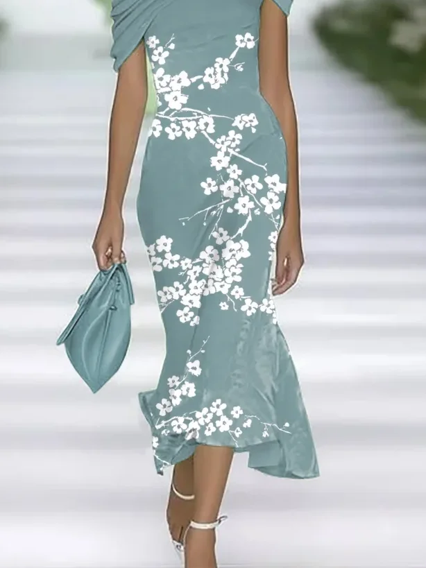 Women Floral Cap Sleeve Summer Printing Dress Cold Shoulder Daily Vintage Maxi H-Line Dress