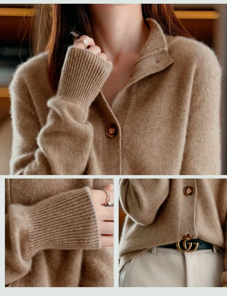 Women Plain Long Sleeve Turtleneck Vintage Winter Cardigan Outerwear