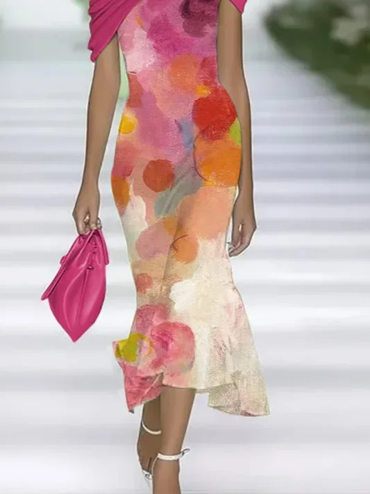 Women Abstract Cap Sleeve Summer Printing Dress Cold Shoulder Daily Vintage Maxi H-Line Dress