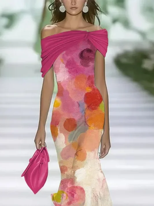 Women Abstract Cap Sleeve Summer Printing Dress Cold Shoulder Daily Vintage Maxi H-Line Dress