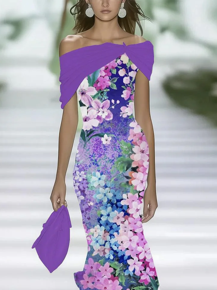 Women Floral Cap Sleeve Summer Printing Dress Cold Shoulder Daily Vintage Maxi H-Line Dress