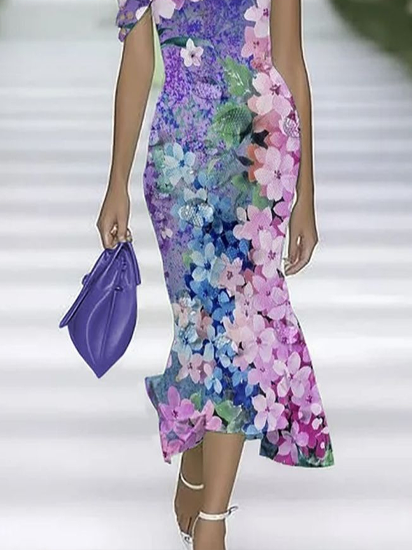 Women Floral Cap Sleeve Summer Printing Dress Cold Shoulder Daily Vintage Maxi H-Line Dress