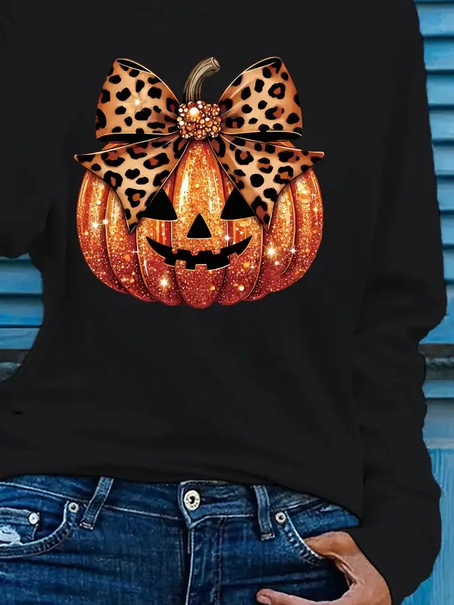 Women Halloween (pumpkin) Long Sleeve Tee T-shirt Crew Neck Printing Casual Spring/Fall Graphic Tee Top