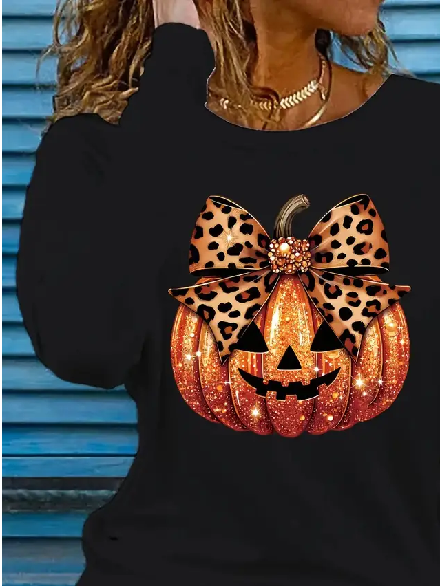 Women Halloween (pumpkin) Long Sleeve Tee T-shirt Crew Neck Printing Casual Spring/Fall Graphic Tee Top
