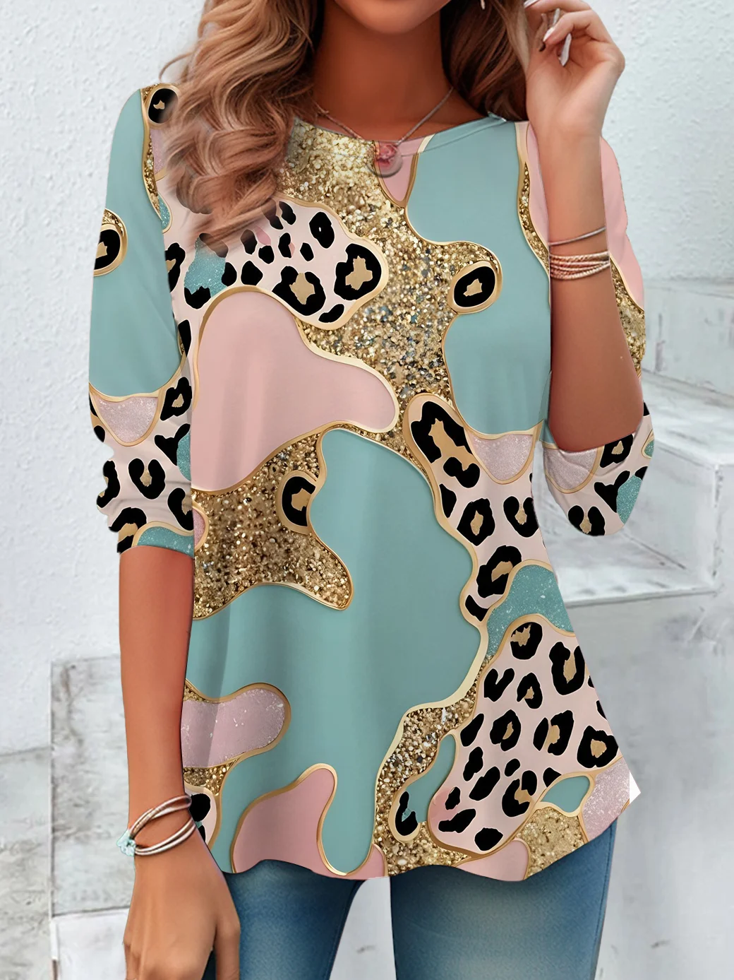 Women Abstract Long Sleeve Tee T-shirt Crew Neck Casual Spring/Fall Tunic Top