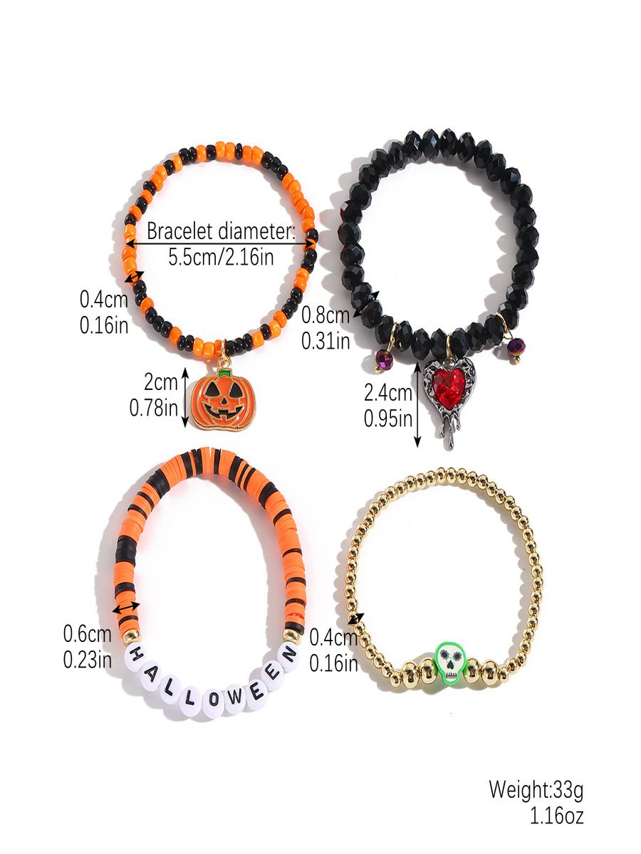 Hot Selling Orange Rice Beads Crystal Metal-plated Polymer Clay Pumpkin Skull Pendant Halloween Beaded Bracelet