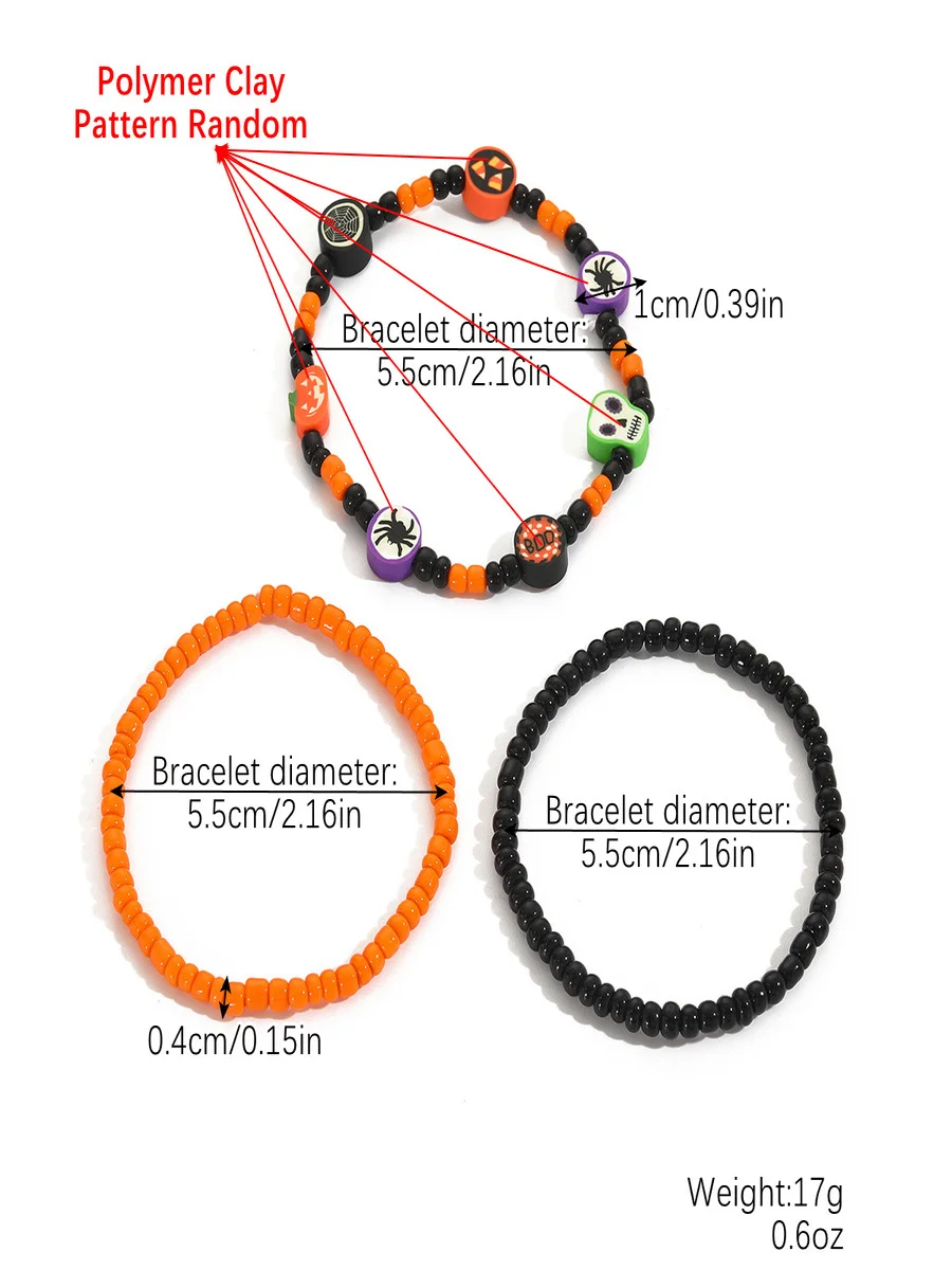 Hot Selling Orange Rice Beads Crystal Metal-plated Polymer Clay Pumpkin Skull Pendant Halloween Beaded Bracelet