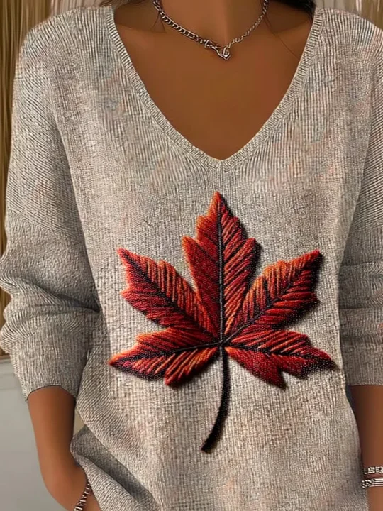 Women Maple Leaf Long Sleeve Tee T-shirt V Neck Printing Casual Spring/Fall Top