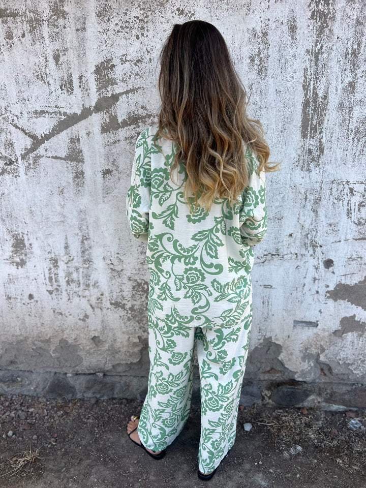 Women Floral Printing Two-Piece Set Daily Three Quarter Sleeve Casual Spring/Fall Top With Pants Matching Set