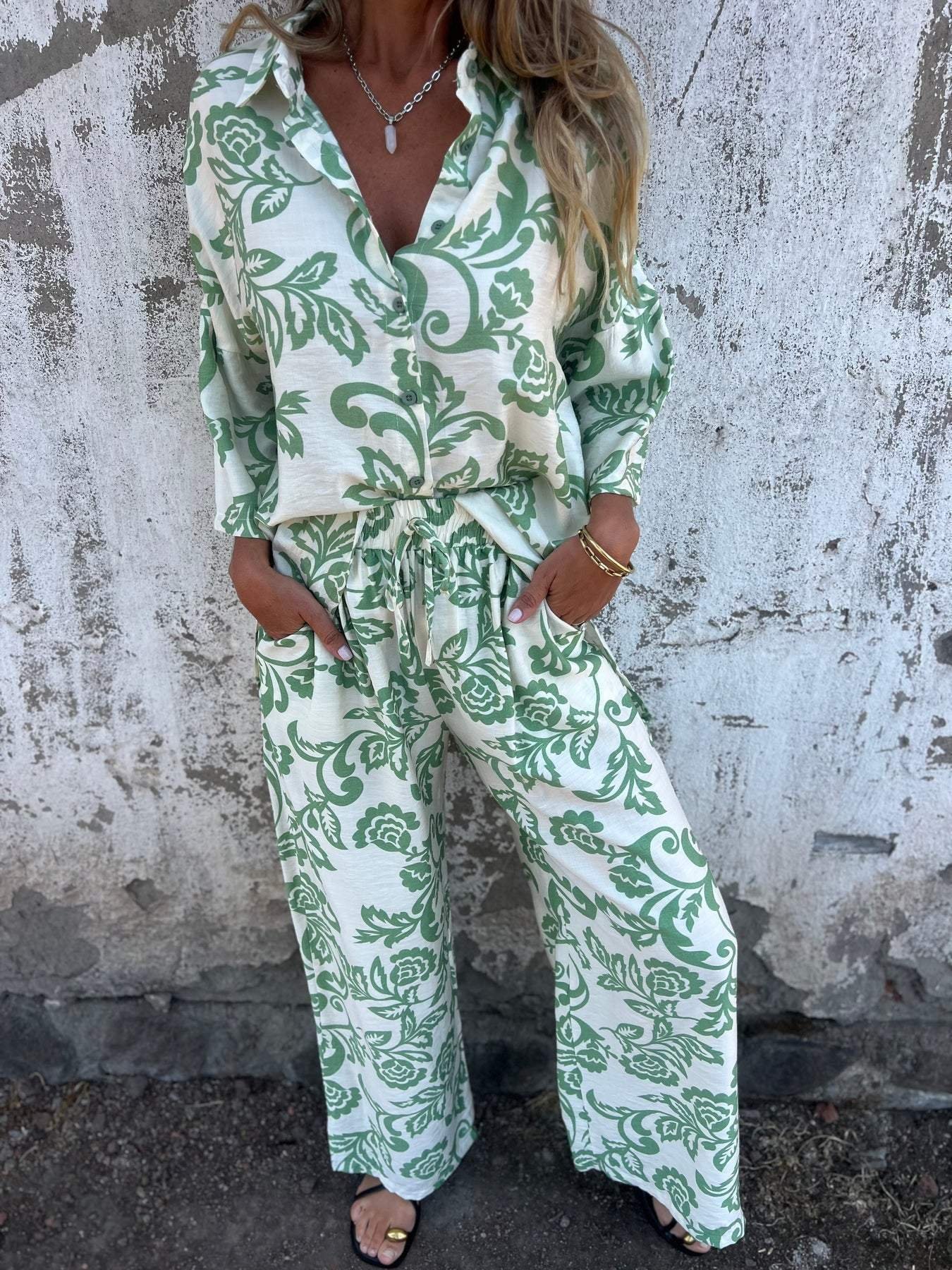 Women Floral Printing Two-Piece Set Daily Three Quarter Sleeve Casual Spring/Fall Top With Pants Matching Set