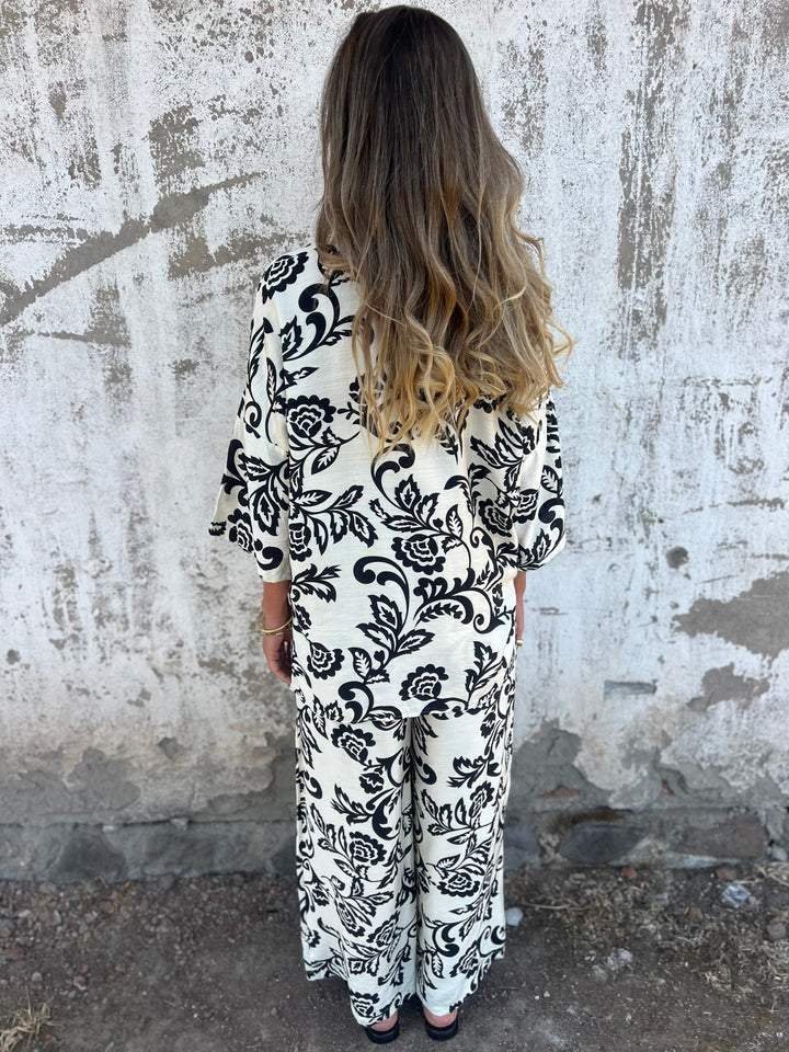Women Floral Printing Two-Piece Set Daily Three Quarter Sleeve Casual Spring/Fall Top With Pants Matching Set