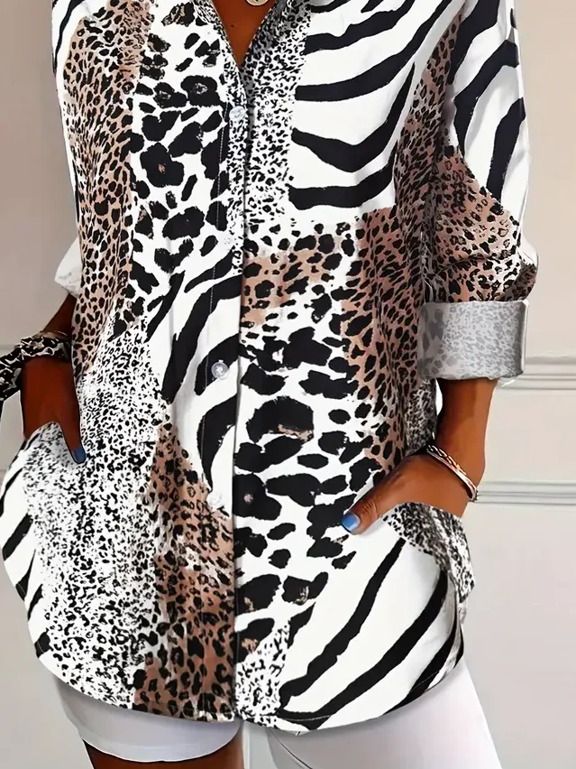 Women Leopard Long Sleeve Shirt Spring/Fall Buckle Shirt Collar Regular Sleeve Daily Casual Top