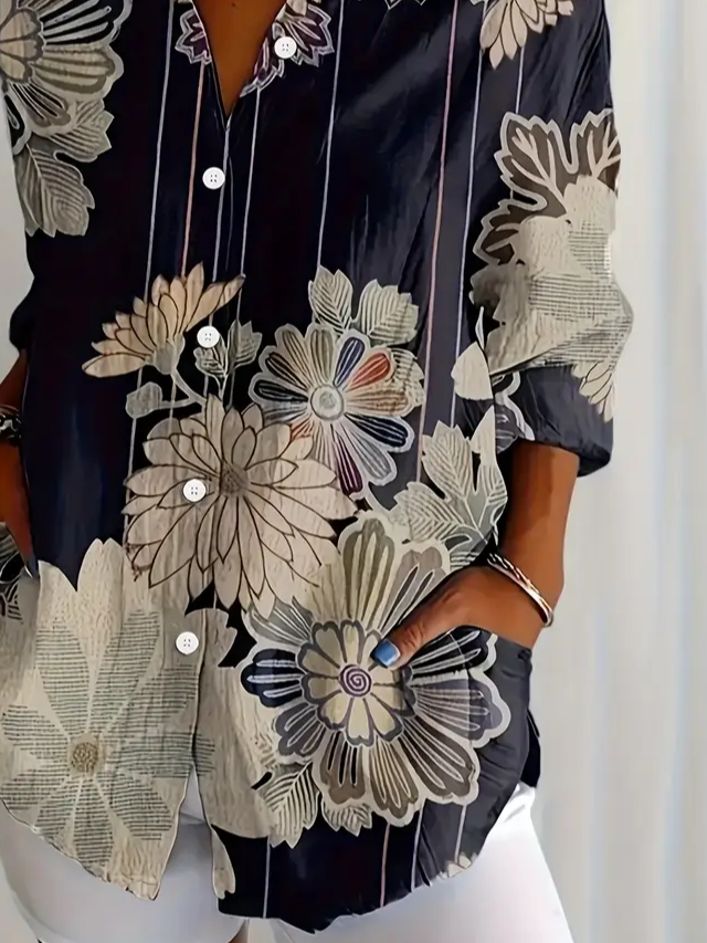 Women Floral Long Sleeve Shirt Spring/Fall Buckle Shirt Collar Regular Sleeve Daily Casual Top