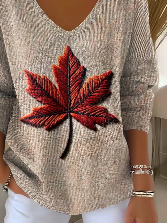 Women Maple Leaf Long Sleeve Tee T-shirt V Neck Printing Casual Spring/Fall Top