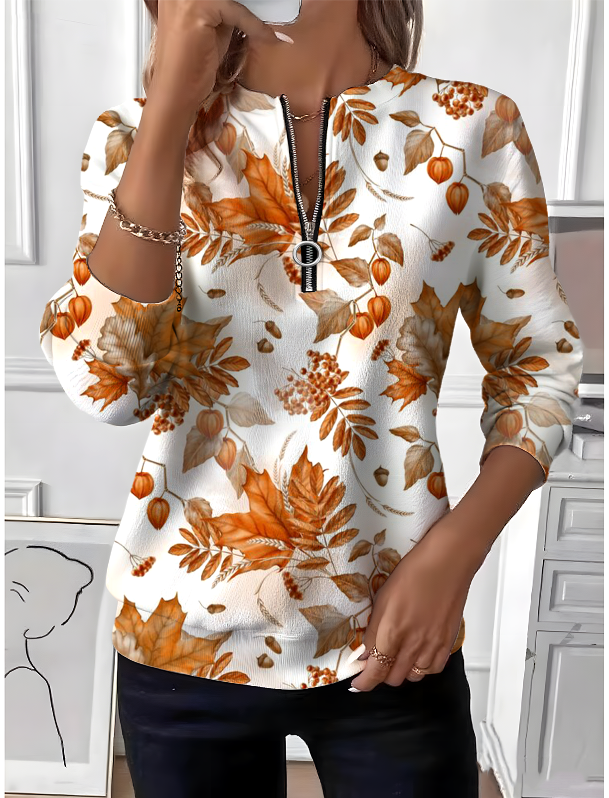 Women Maple Leaf Crew Neck Vintage Spring/Fall Long Sleeve Sweatshirt